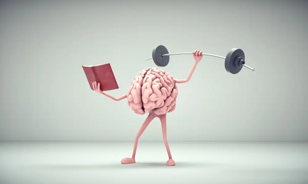 Illustration of a brain with arms and legs lifting a barbell while reading a book, symbolizing memory improvement and cognitive training.